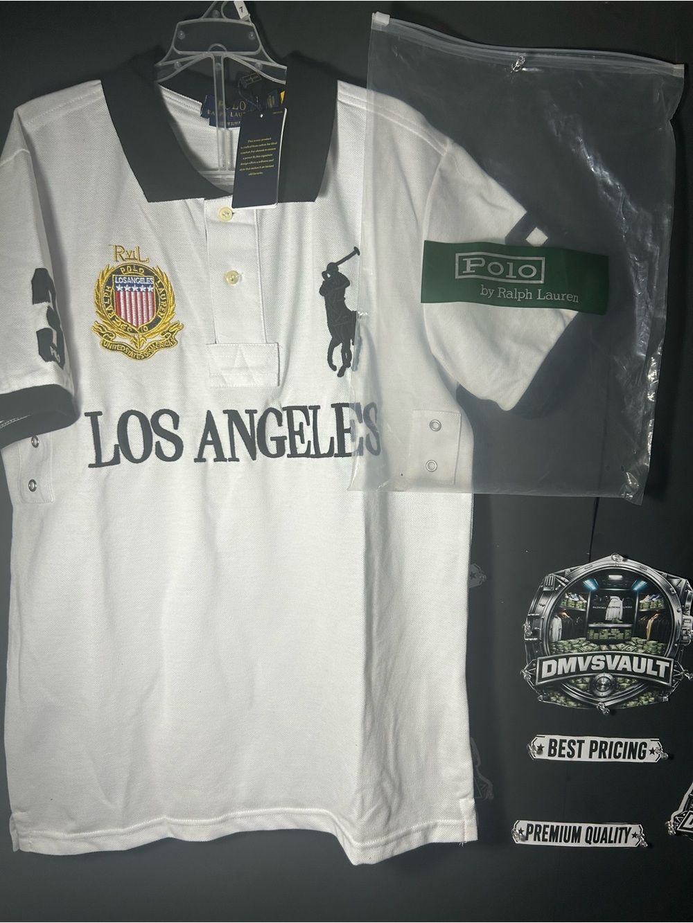 Polo by Ralph Lauren White Polo Shirt with Black Trim & Los Angeles Embroidery